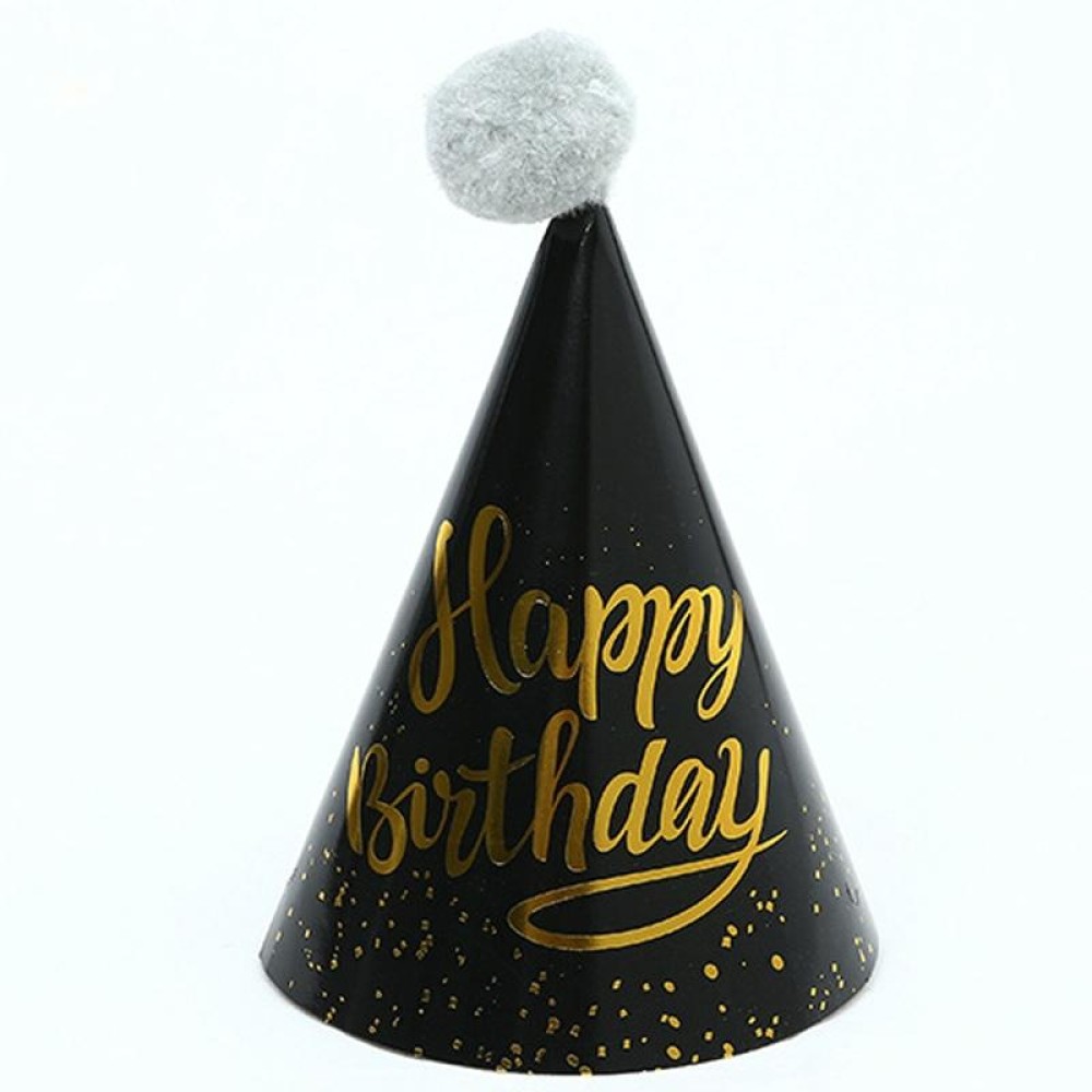 10 PCS Hairy Ball Birthday Paper Hat Crown Birthday Cake Hat Party Decoration(Grey Ball Black Big Happy Dot)