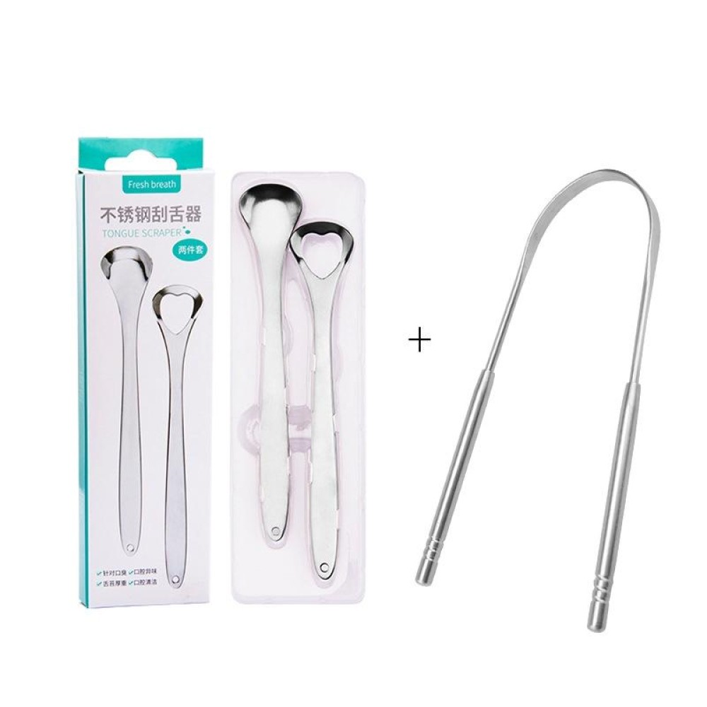 Tongue Cleaner Bad Breath Stainless Steel Cleaning Brush Tongue Scraper+Two-piece Set (Silver)