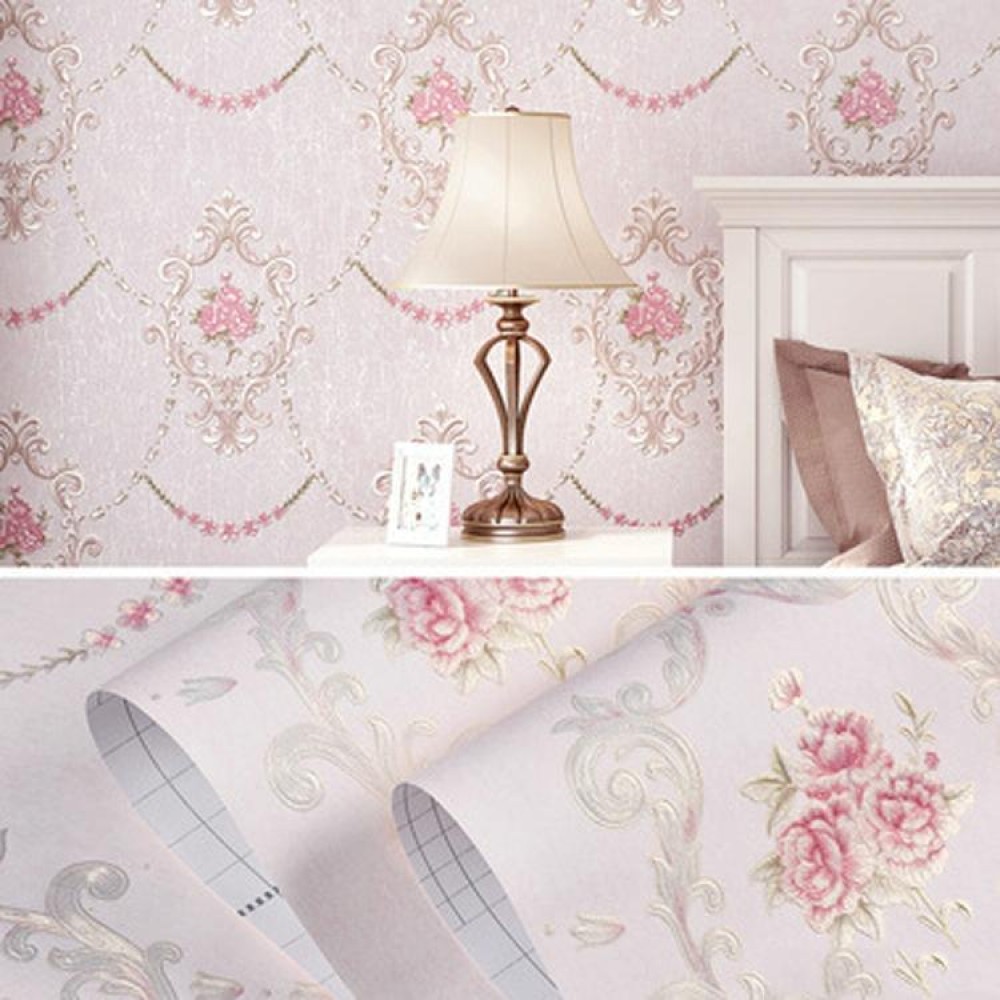 Retro Pastoral Non-Woven Fabric Self-Adhesive Wallpaper Thicken Bedroom Living Room Background  Wallpaper, Specification: 0.53 x 3 Meters(8053 Light Pink)