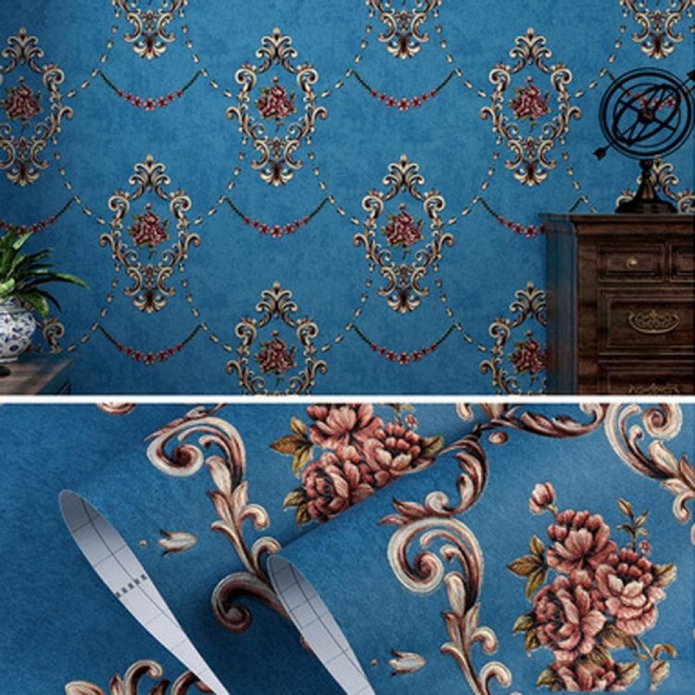Retro Pastoral Non-Woven Fabric Self-Adhesive Wallpaper Thicken Bedroom Living Room Background  Wallpaper, Specification: 0.53 x 3 Meters(8054 Dark Blue)