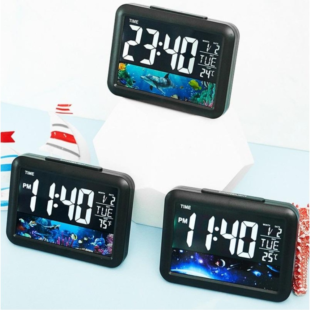 Color Screen Children Electronic Alarm Clock LCD Bedside Alarm Clock(Black Whale)
