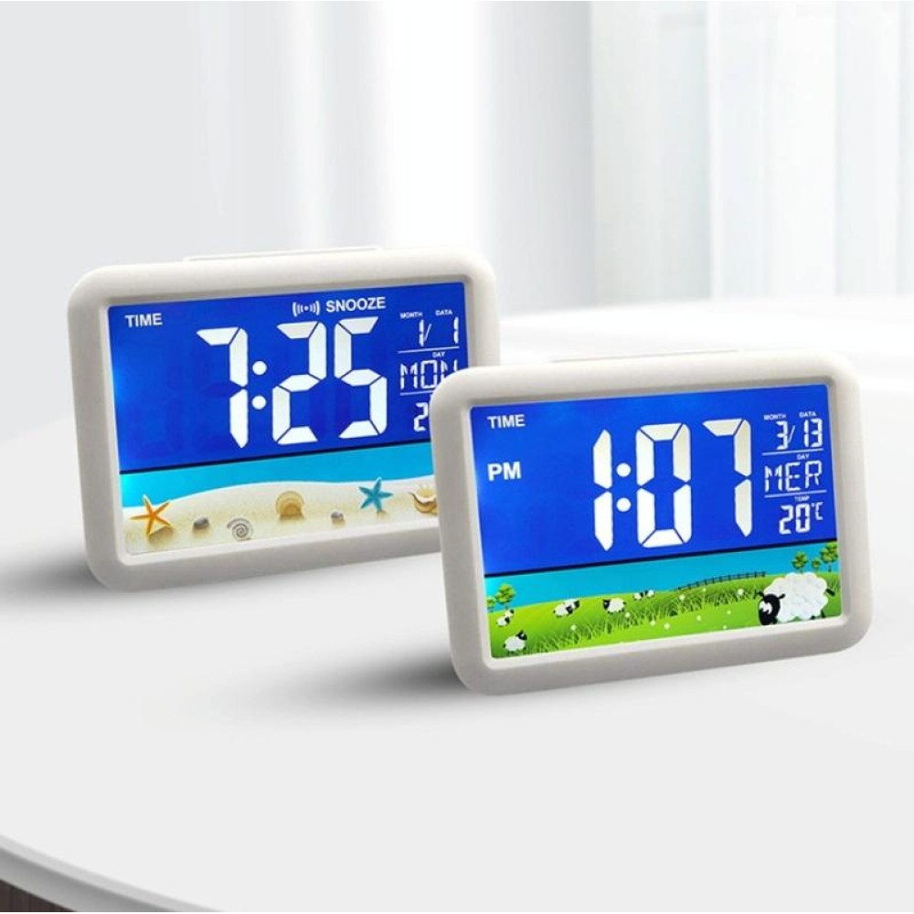 Color Screen Children Electronic Alarm Clock LCD Bedside Alarm Clock(White Shell Prairie)