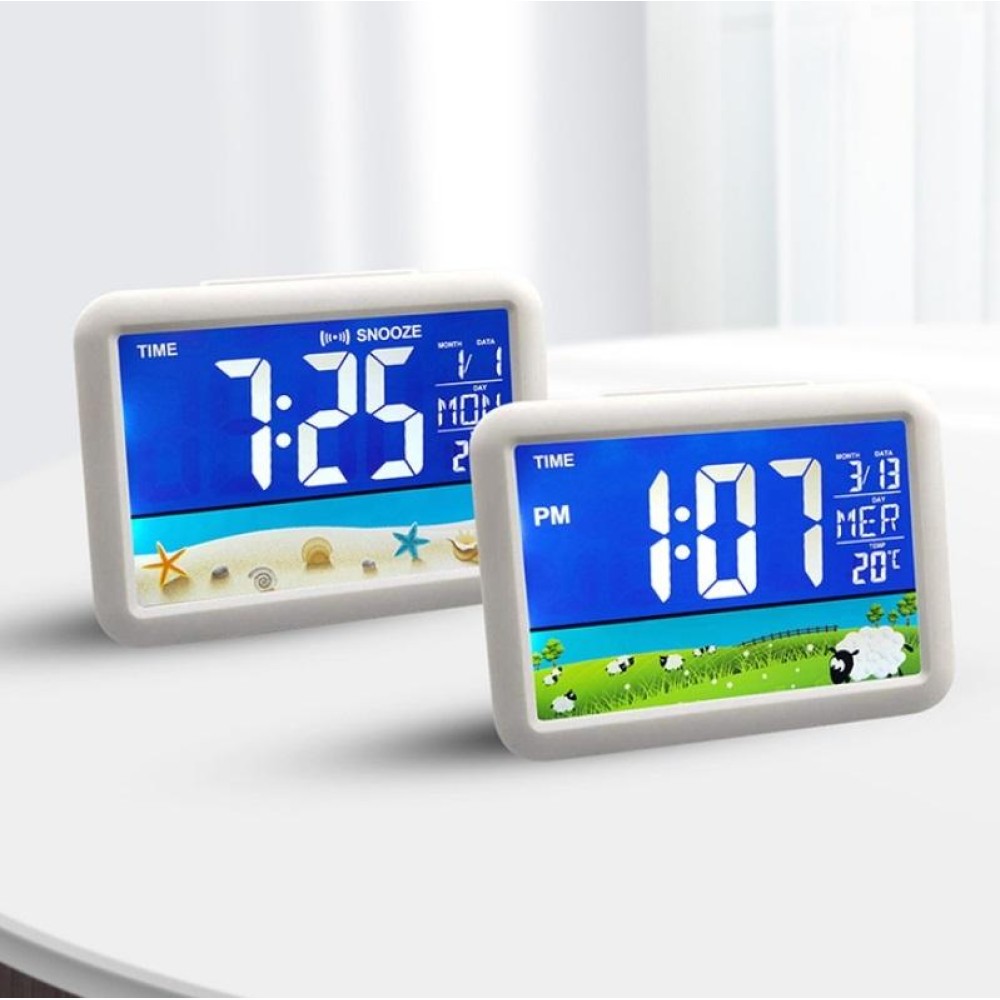 Color Screen Children Electronic Alarm Clock LCD Bedside Alarm Clock(White Shell Seaside)