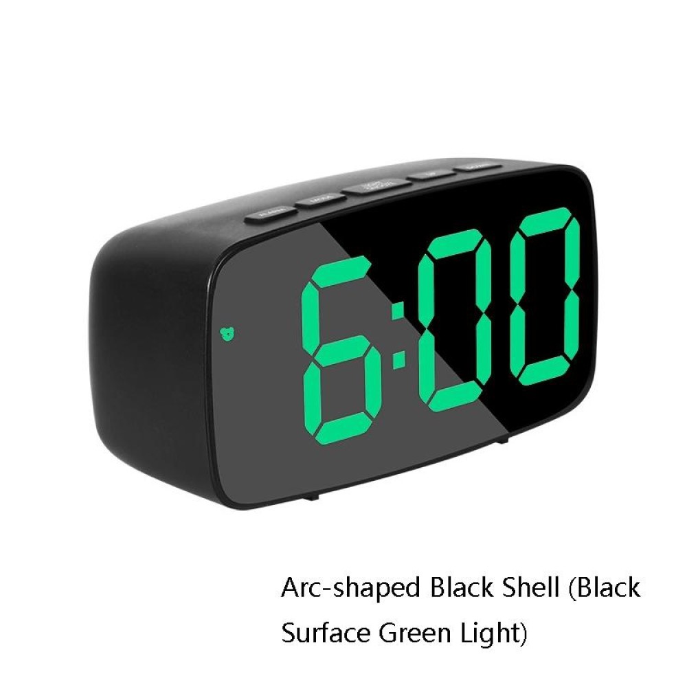 Mirror Bedside Alarm Clock Battery Plug-In Dual-Purpose LED Clock, Colour: Arc-shaped Black Shell (Black Surface Green Light)