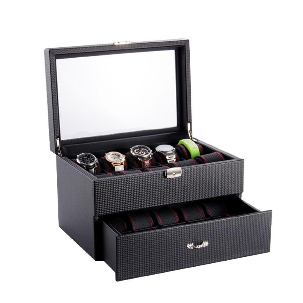 20 Grid Double-Layer Watch Storage Box Carbon Fiber Leather Watch Display Box With Lock & Glass Sunroof
