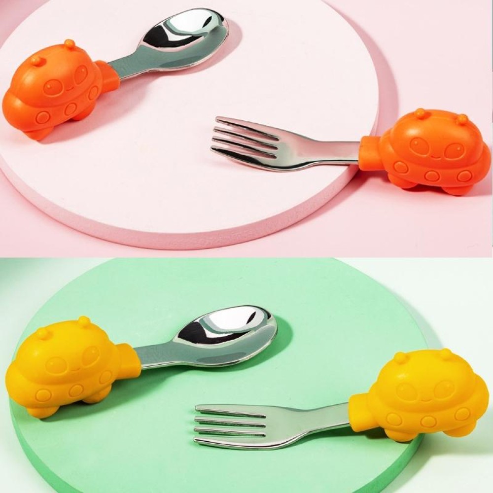 2 Sets Baby Training Short Handle Eating Spoon Children Stainless Steel Spoon Tableware(Yellow UFO + Color Box)