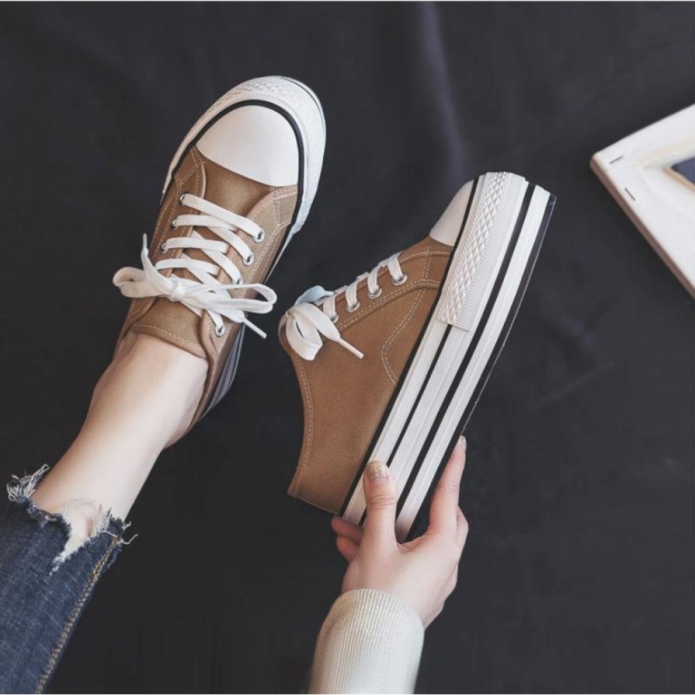 Women Thick-Soled Inner Heightened Semi-Slipper Canvas Shoes Lazy One-Legged Platform Shoes, Size: 34(Milk Tea)