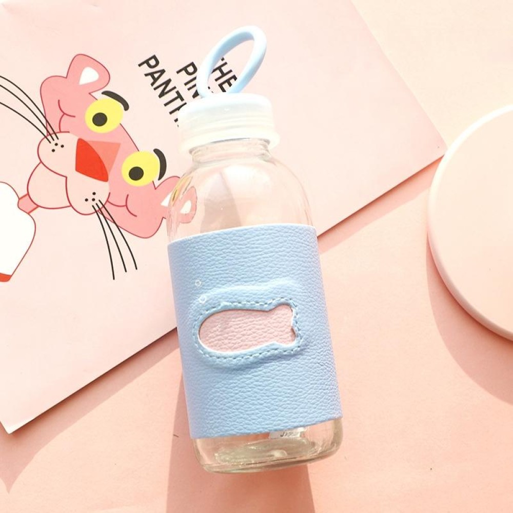 Portable Cute Water Cup Leather Insulated Glass Cup with Leather Case(Light Blue)