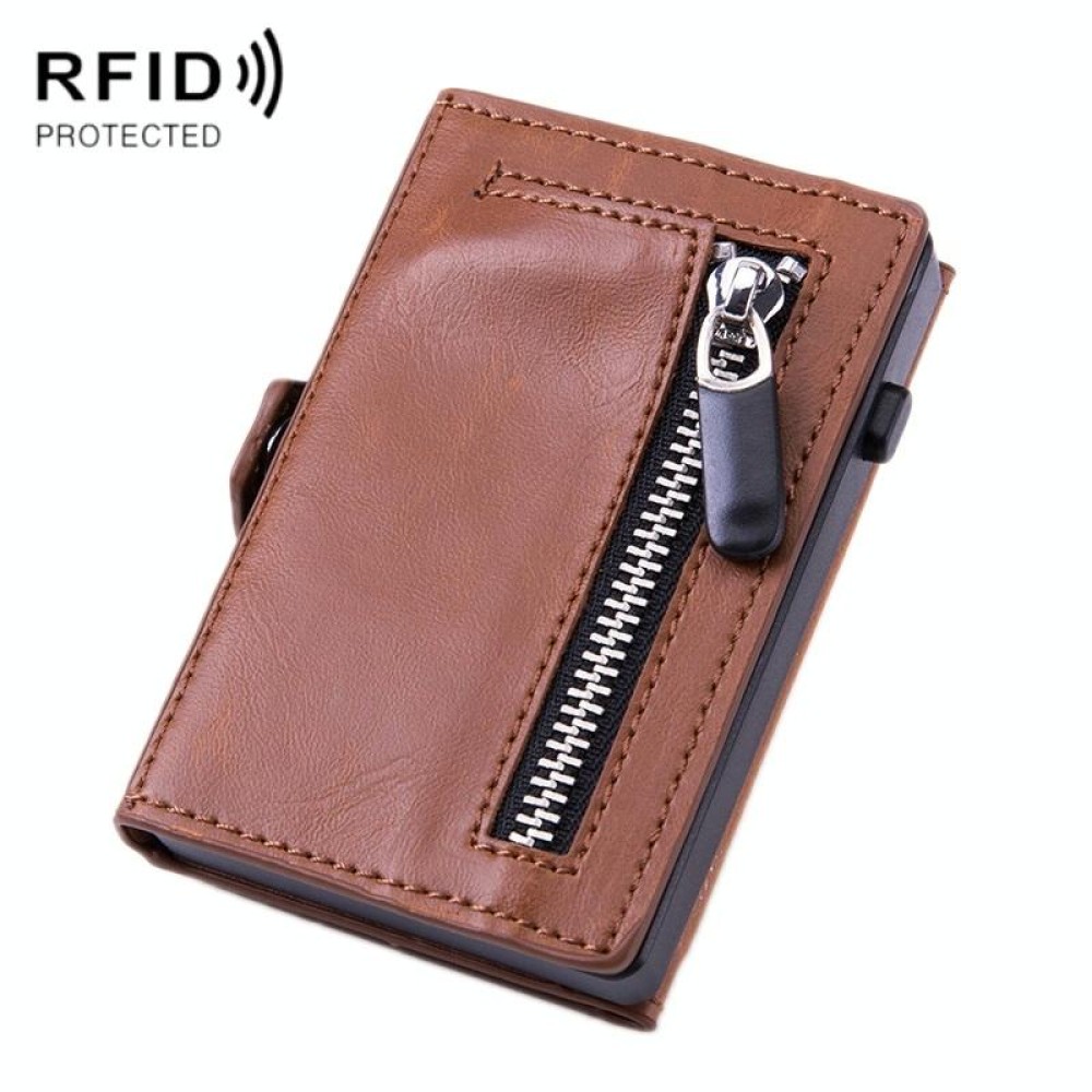 Men PU Leather Short Zipper RFID Wallet(Mad Horse Aprico)