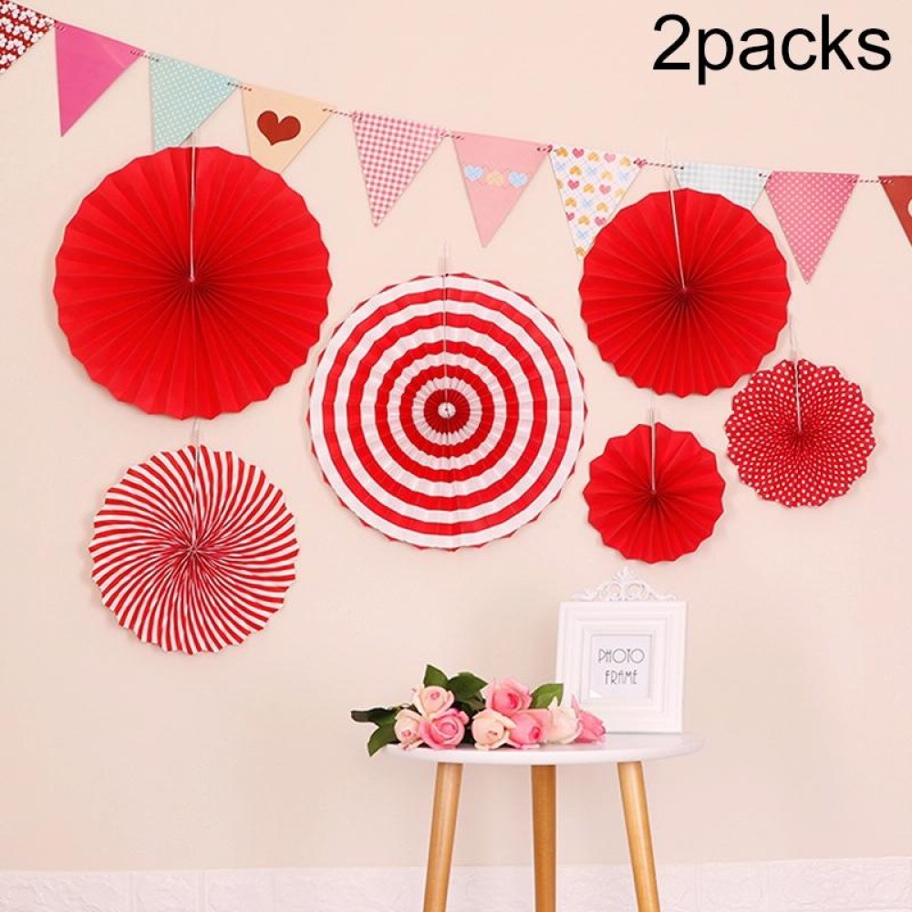 2 Packs  Birthday Party Wedding Color Three-Dimensional Folding Fan Round Paper Fan Garland Ornaments(Red)