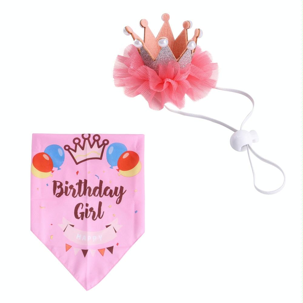 2 Sets Pet Birthday Suit Pearl Crown Hat Triangle Scarf Combination Birthday Dress Up Pet Supplies(Balloon Pink)
