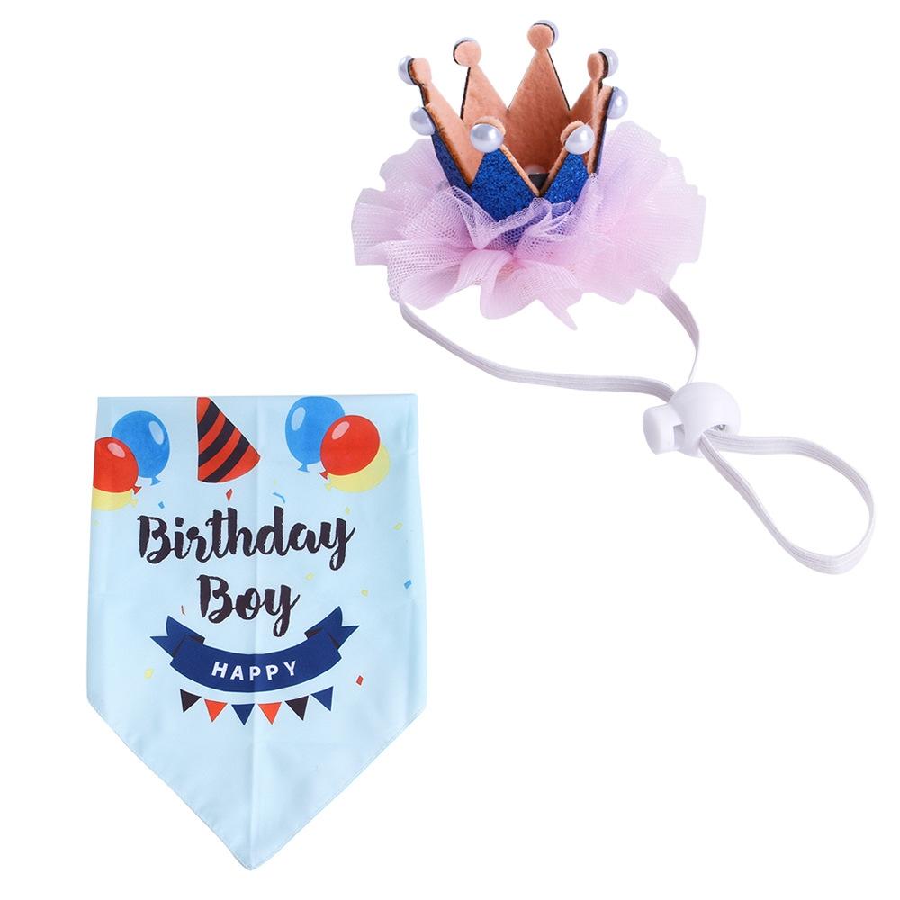 2 Sets Pet Birthday Suit Pearl Crown Hat Triangle Scarf Combination Birthday Dress Up Pet Supplies(Balloon Blue)