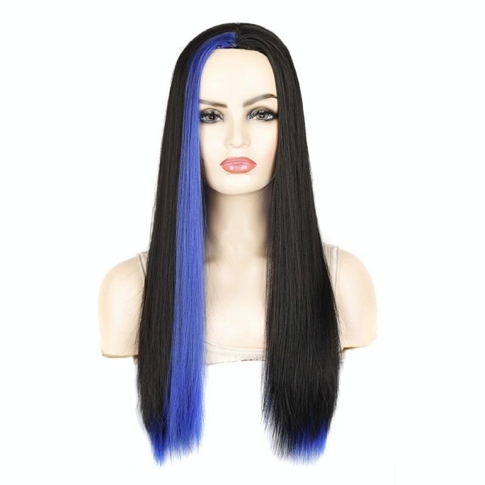 Fashion Medium Haircut Side Bangs Highlight Color Long Straight Wig(Black Royal Blue)