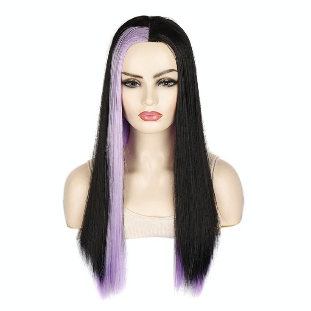Fashion Medium Haircut Side Bangs Highlight Color Long Straight Wig(Black Light Purple)