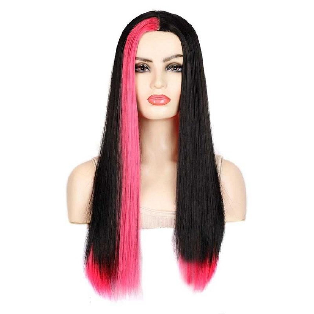 Fashion Medium Haircut Side Bangs Highlight Color Long Straight Wig(Black Pink)
