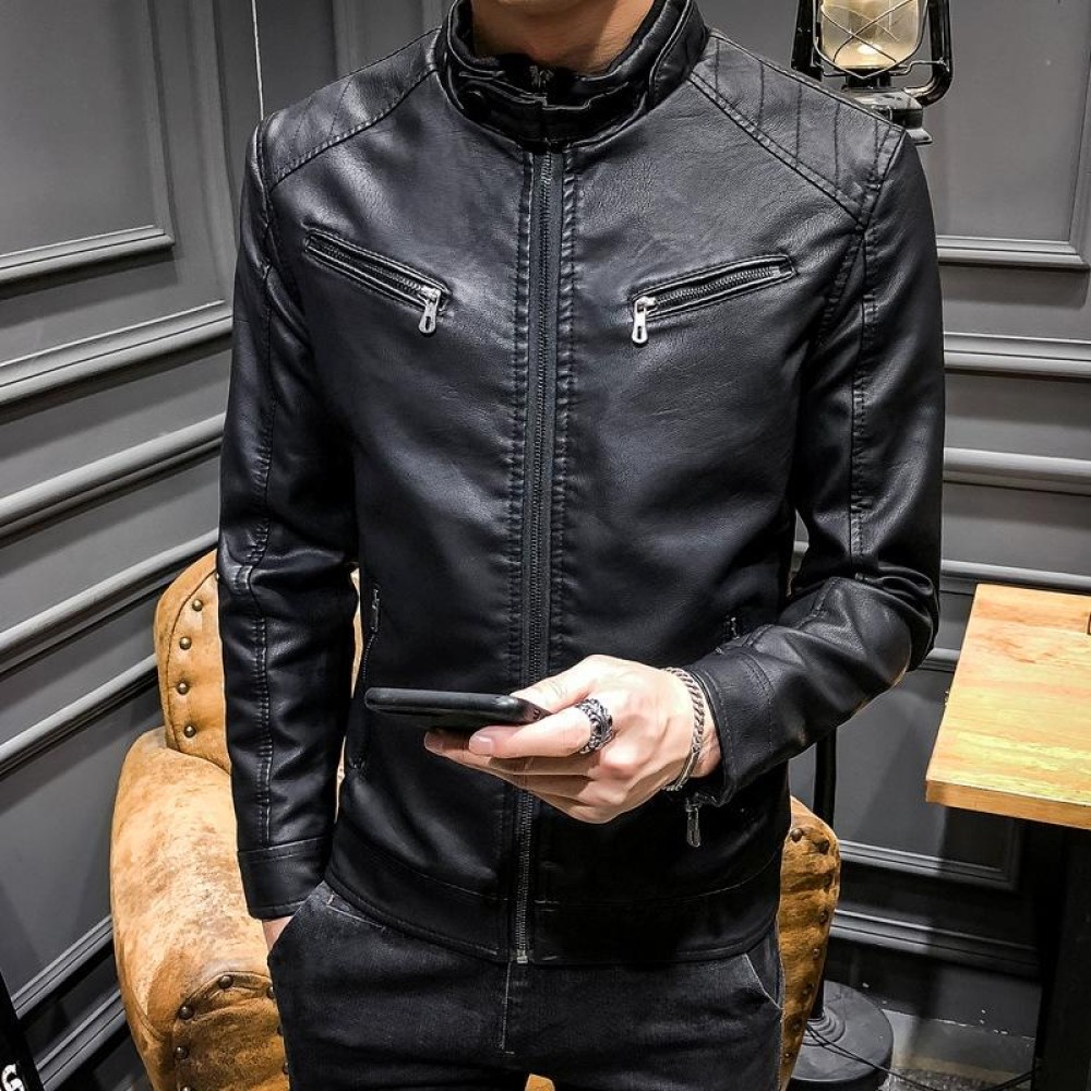 BS Autumn And Winter Man Leather Jacket Motorcycle Coat, Size:L(Regular Black)