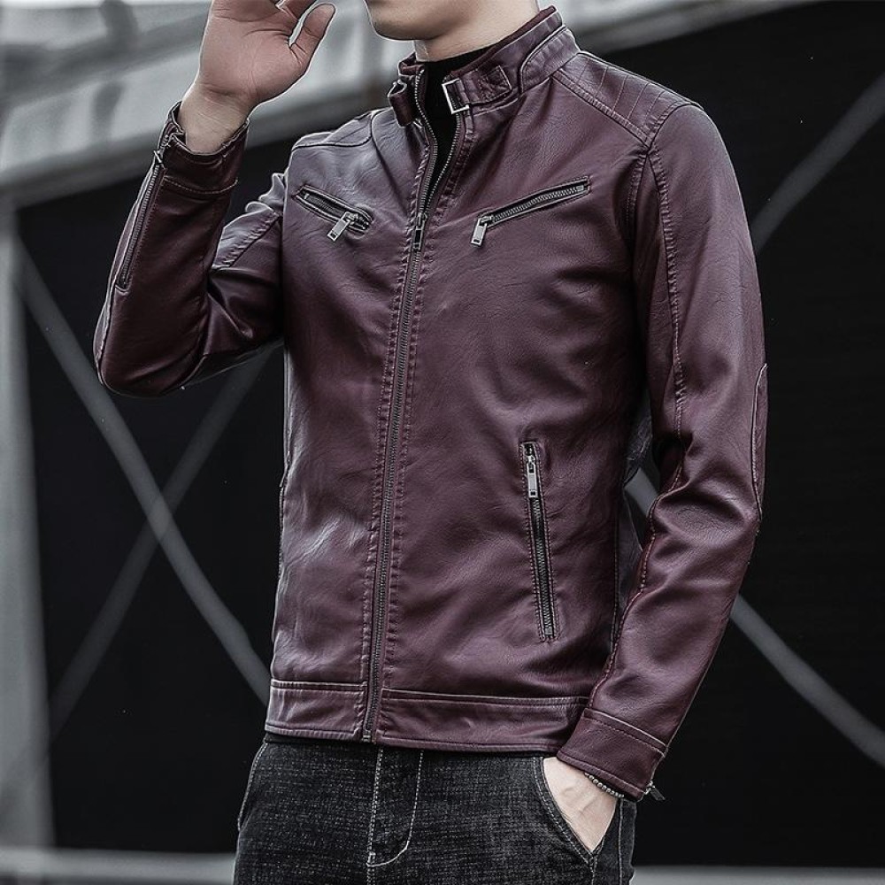 BS Autumn And Winter Man Leather Jacket Motorcycle Coat, Size:3XL(Velvet Maroon)