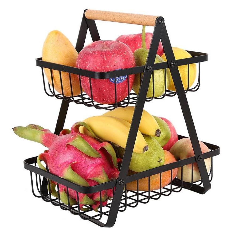 Double-Layer Portable Wrought Iron Basket Foldable Kitchen Storage Basket Shelf Fruit Basket(Black)