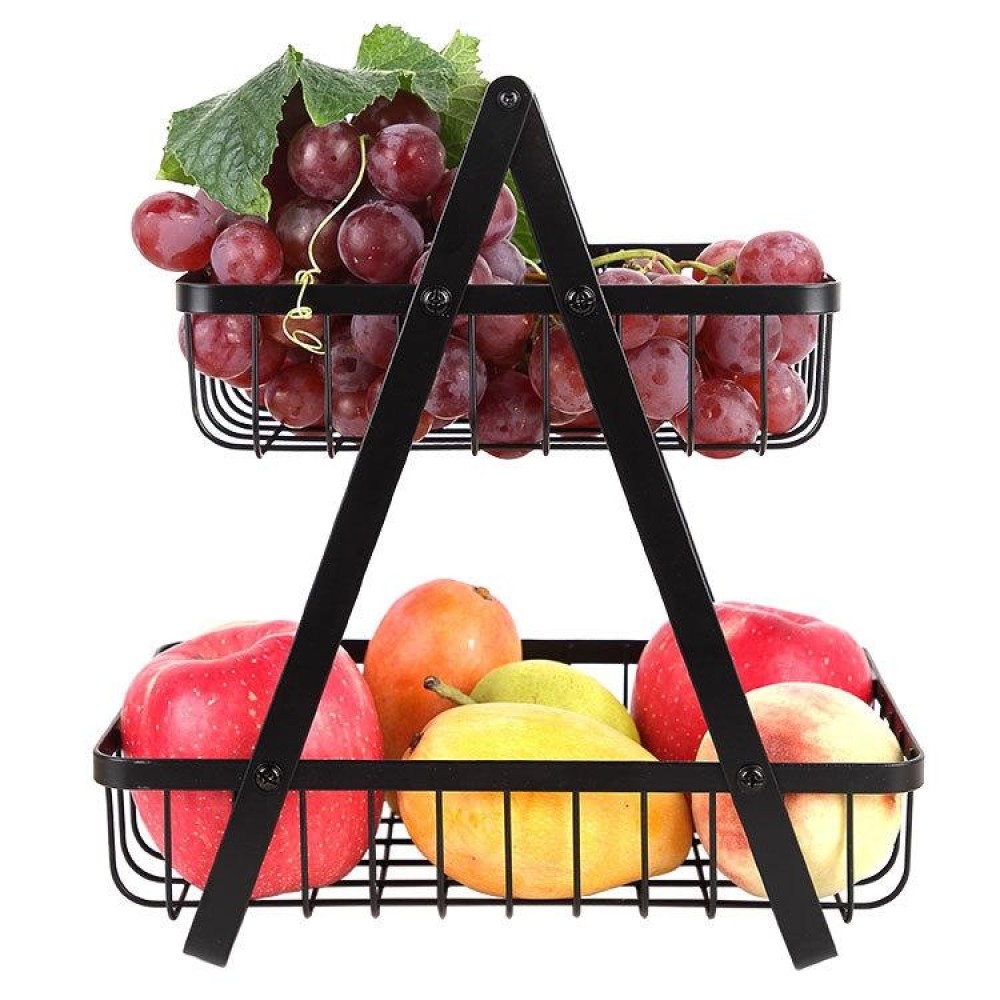 Double-Layer Portable Wrought Iron Basket Foldable Kitchen Storage Basket Shelf Fruit Basket(Black)