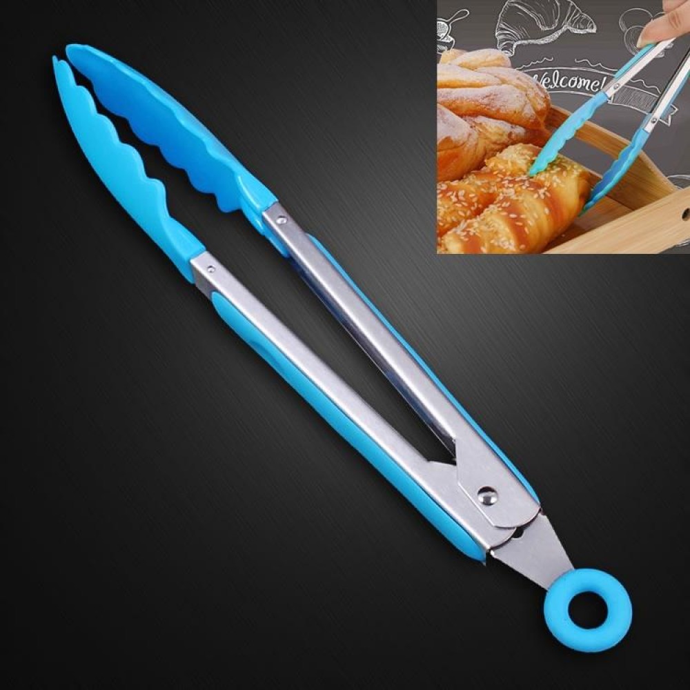 Kitchen Silicone Cooking Salad Stainless Steel Handle Food Clip(Blue)