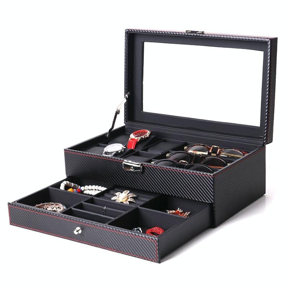 Carbon Fiber PU Leather Watch Box Jewelry Storage Box Packaging Box, Style:  Double-layer