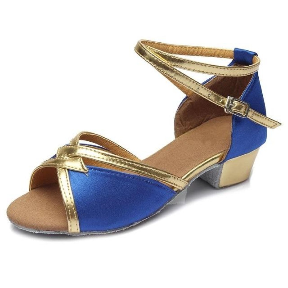 Tango Salsa Latin Low Heel Soft Bottom Dance Shoes for Girls & Women, Shoe Size:25(Blue)