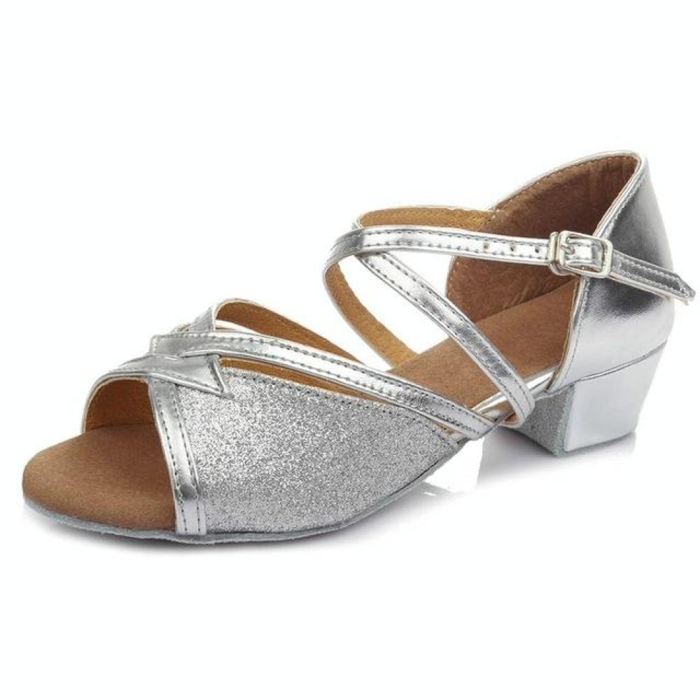 Tango Salsa Latin Low Heel Soft Bottom Dance Shoes for Girls & Women, Shoe Size:25(Silver)