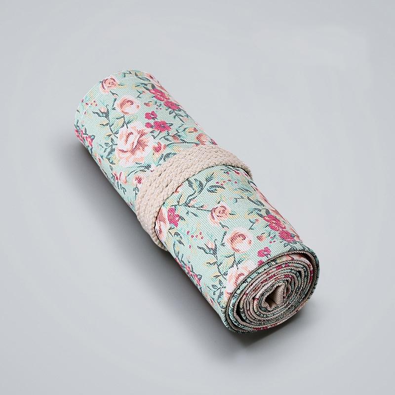 12 Holes Small Floral Canvas Handmade Pen Curtain Sketch Color Pencil Roll Pen Bag Storage Stationery Box
