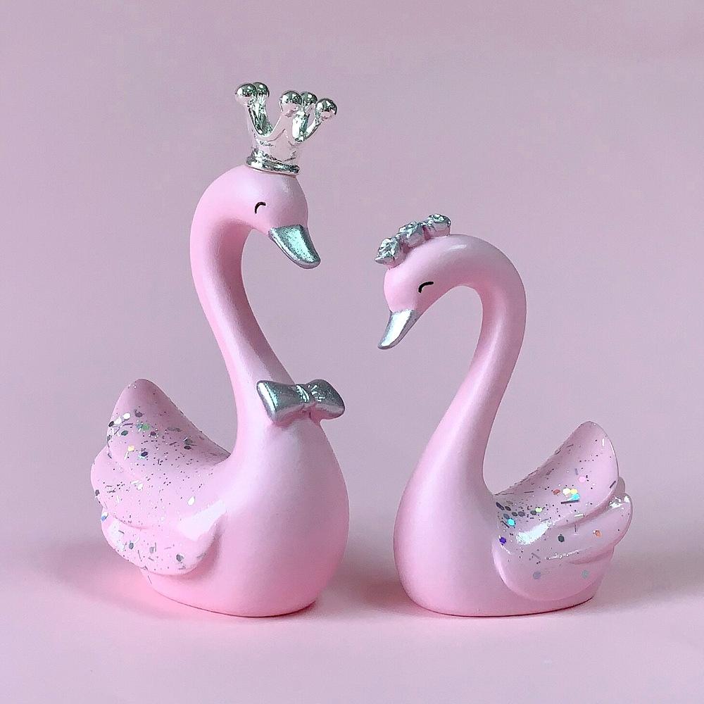 2pcs /Pair Swan Resin Car Decoration Birthday Cake Tanabata Valentine Day Decoration, Color Classification: Extra Large Pink