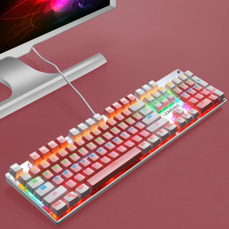 104 Keys Green Shaft RGB Luminous Keyboard Computer Game USB Wired Metal Mechanical Keyboard, Cabel Length:1.5m, Style: Double Imposition Version (White Pink)