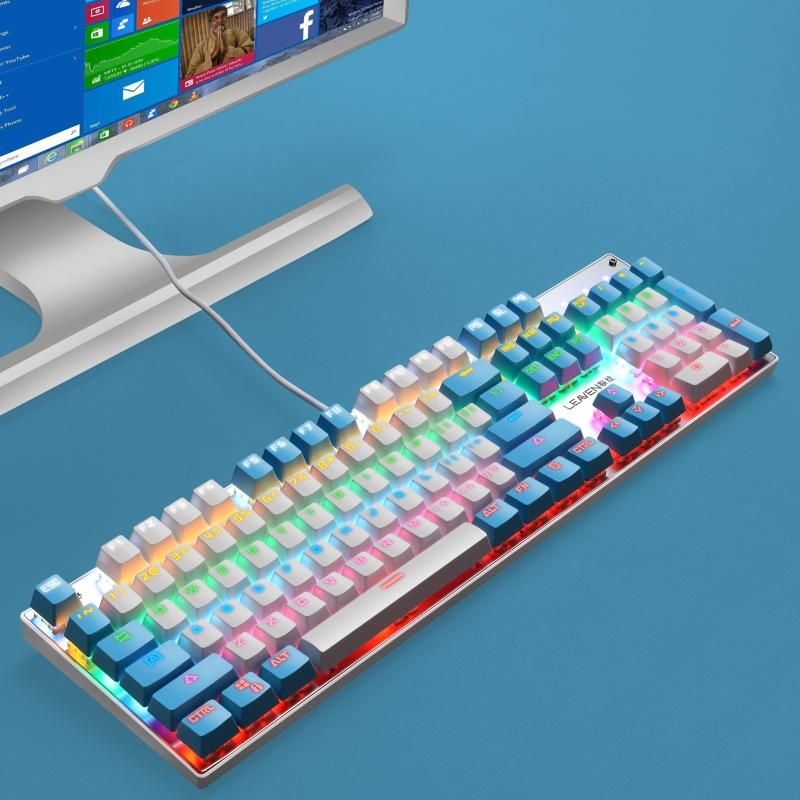 104 Keys Green Shaft RGB Luminous Keyboard Computer Game USB Wired Metal Mechanical Keyboard, Cabel Length:1.5m, Style: Double Imposition Version (White Blue)