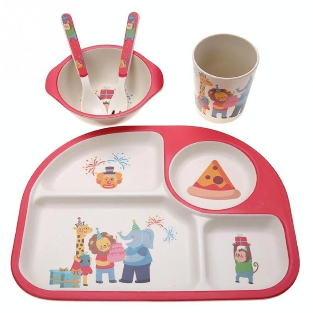 5 PCS/set Eco-friendly Bamboo Fiber Baby Plate Dishes 4 Slots Children Tableware Dishes Dinnerware(Red)