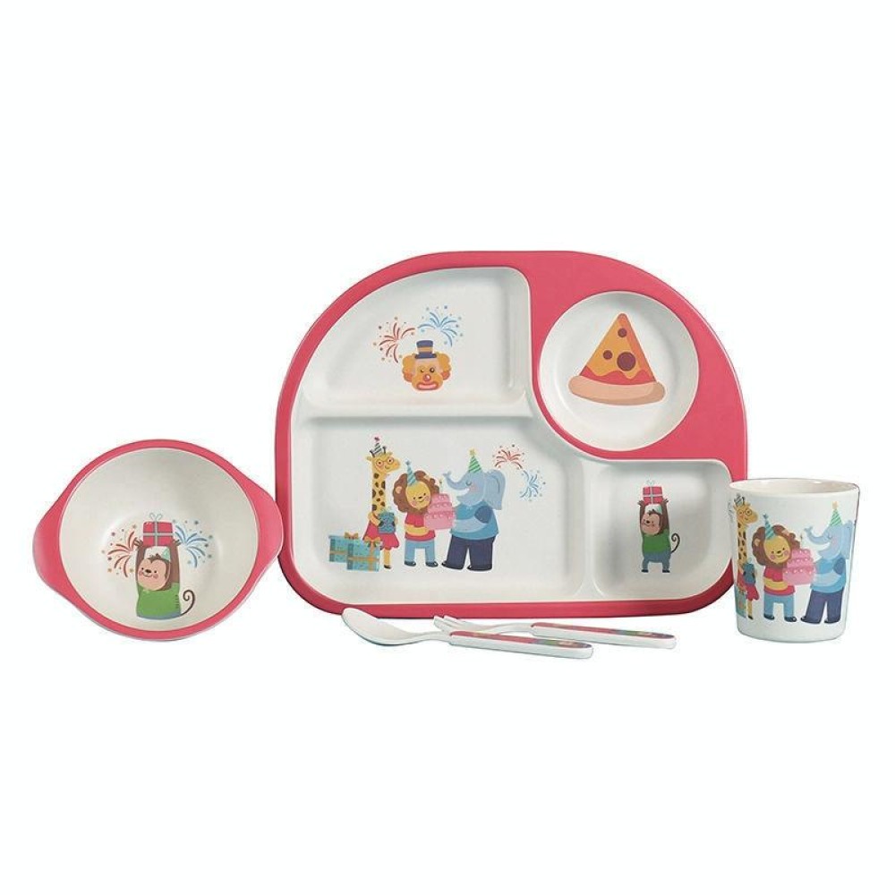 5 PCS/set Eco-friendly Bamboo Fiber Baby Plate Dishes 4 Slots Children Tableware Dishes Dinnerware(Red)