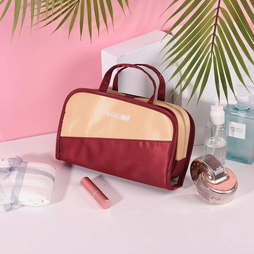 Multifunctional 2 In 1 Cosmetic Bag Portable Large Capacity Transparent Cosmetic Brush Storage Bag Wash Bag(Red + Khaki)