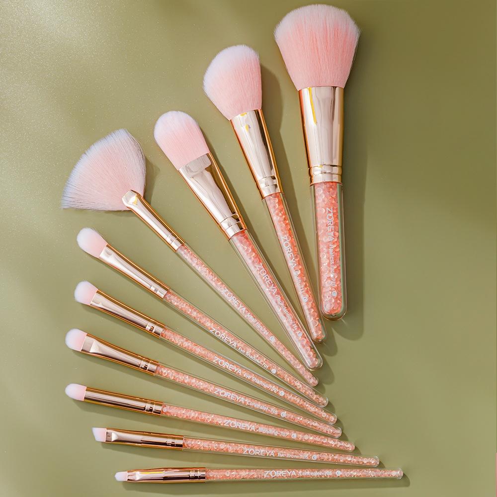 ZOREYA 10 In One Pink Crystal Transparent Handle Makeup Brush Set Makeup Tools,Style: Bare Brush