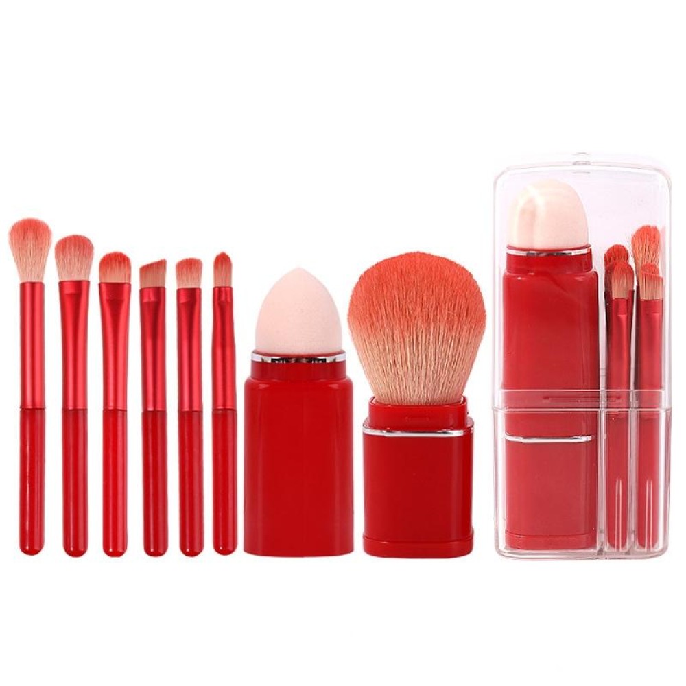 8-in-1 Square Makeup Brush Mini Portable Retractable Blush Brush Eye Shadow Brush Novice Makeup Set( Wine Red)