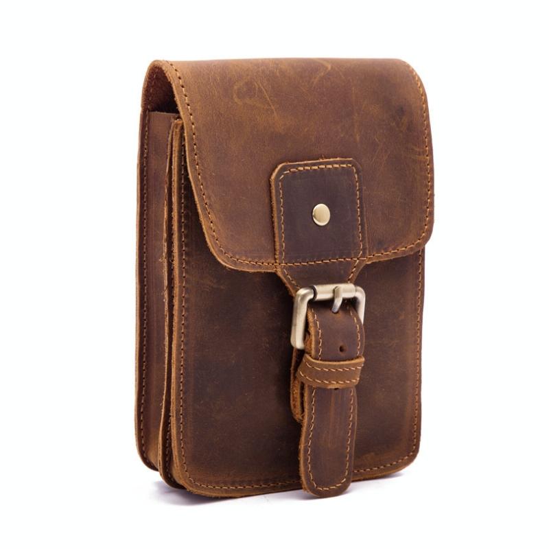 2034 Men Retro Leather Phone Waist Bag(Yellow Brown)