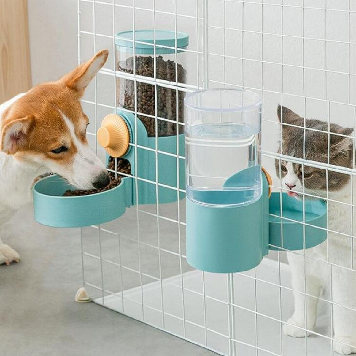 Cat Automatic Hanging Cage Feeder, Style: Drinking Water+Feeder (Flower Green)