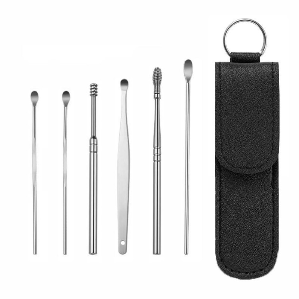 6 In 1 Stainless Steel Spring Spiral Portable Ear Pick, Specification: Black Leather Case