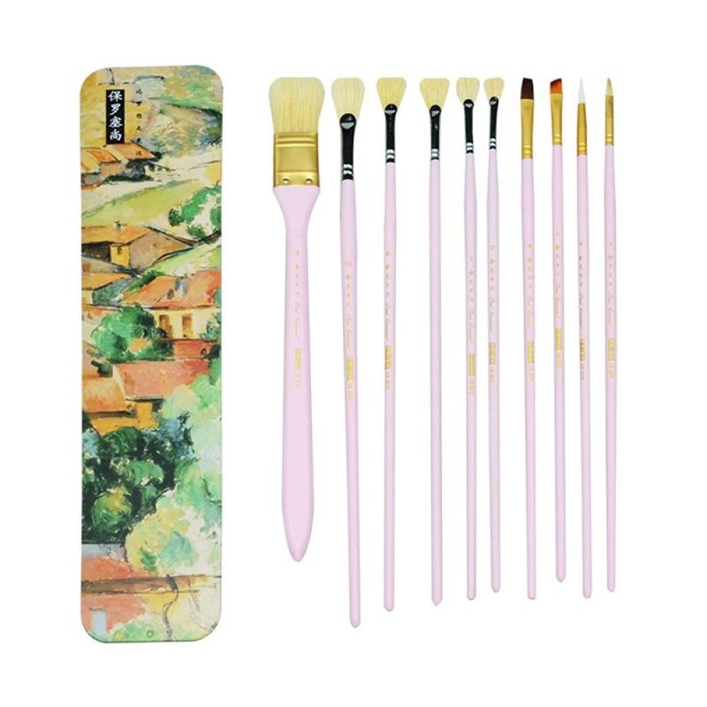 10 PCS/Set Fine Art Pig Bristle Fishtail Gouache Brush With Iron Box(Pink Rod)
