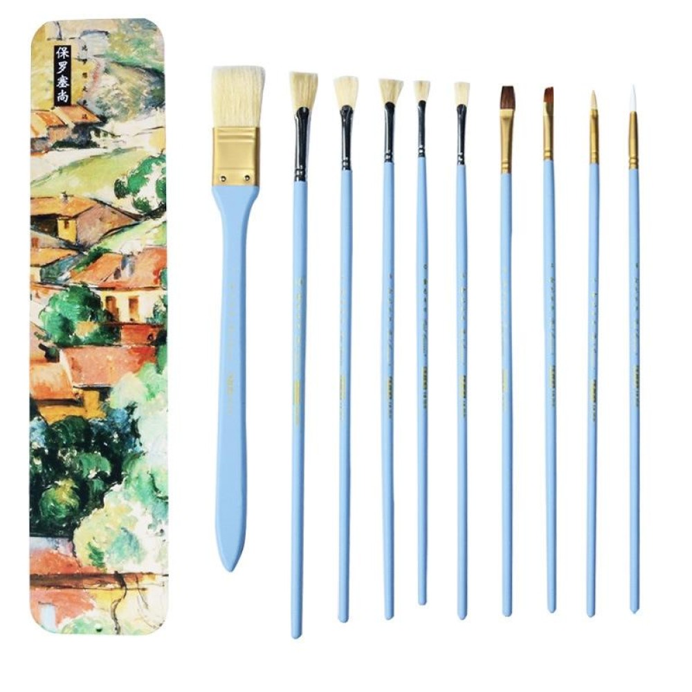 10 PCS/Set Fine Art Pig Bristle Fishtail Gouache Brush With Iron Box(Blue Rod)