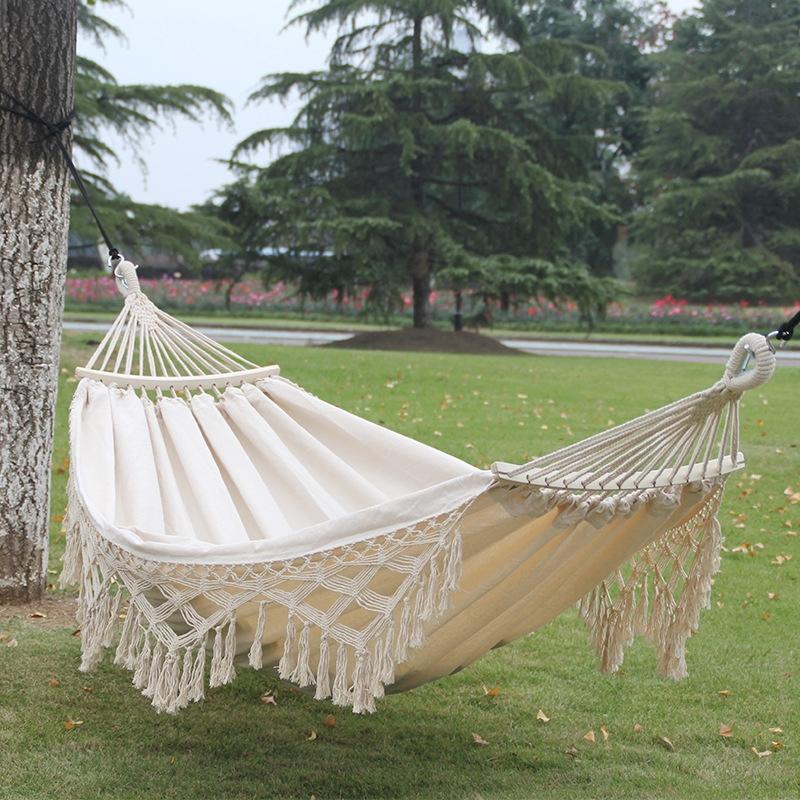 200x150cm Double Outdoor Camping Tassel Canvas Hammock with Stick(White)