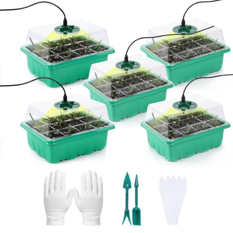 5 Set Plant Seed Starter Trays Kit,Seedling Tray Starter With Grow Light(Green)