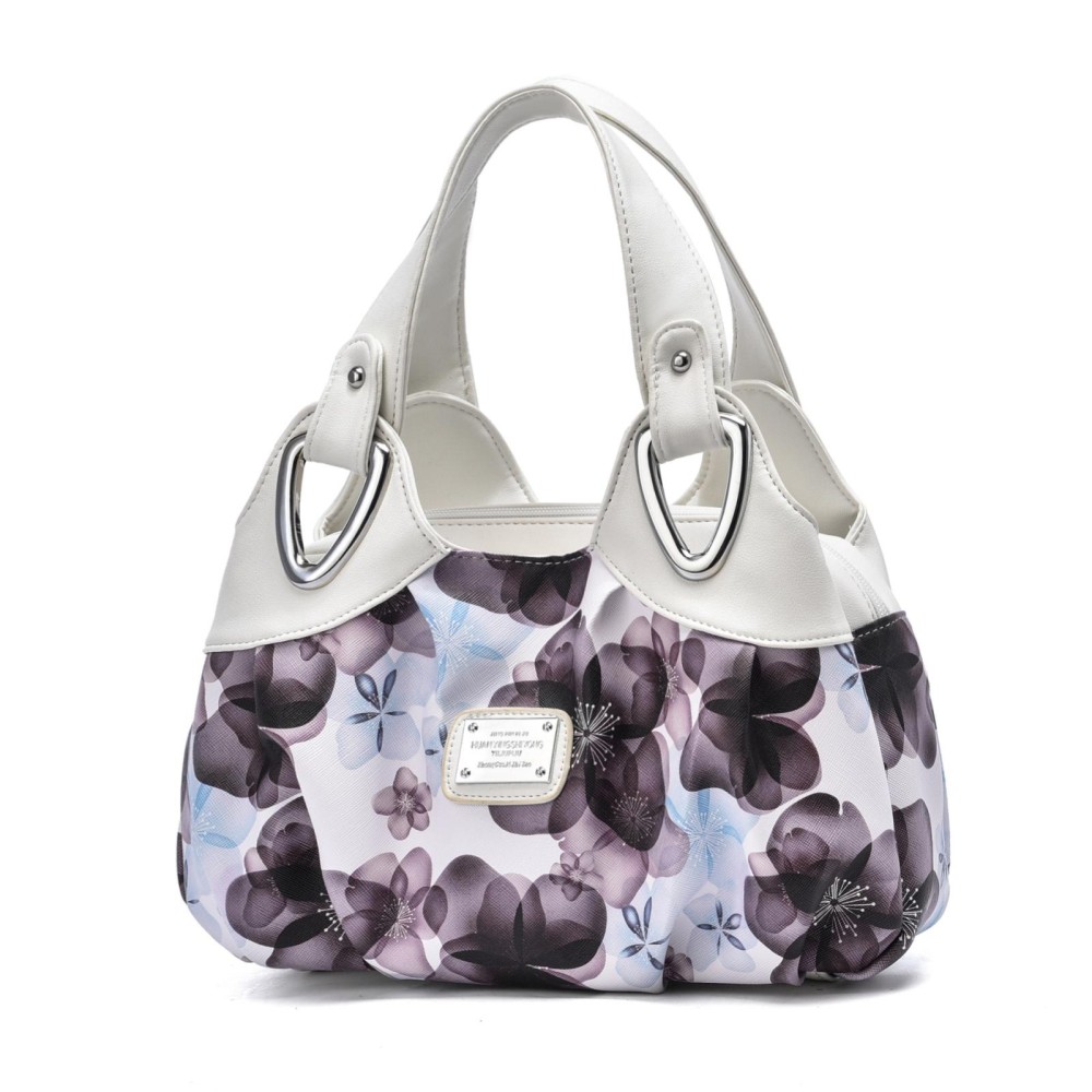 722 Women Soft Leather Handbag(White Handle Purple Flower)