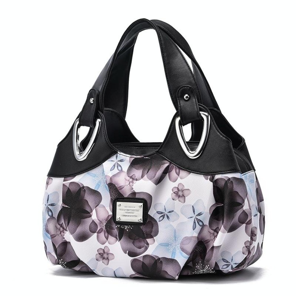 722 Women Soft Leather Handbag(Black Handle Purple Flower)