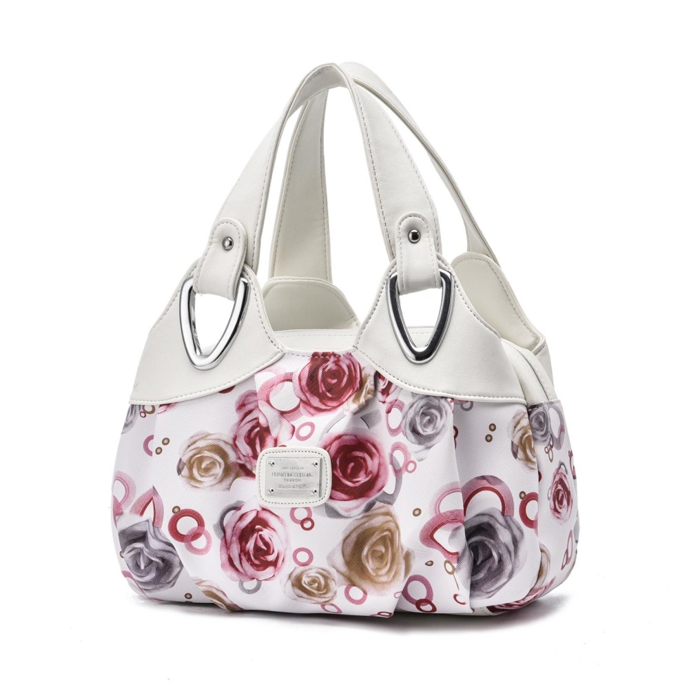 722 Women Soft Leather Handbag(White Handle Red Rose)