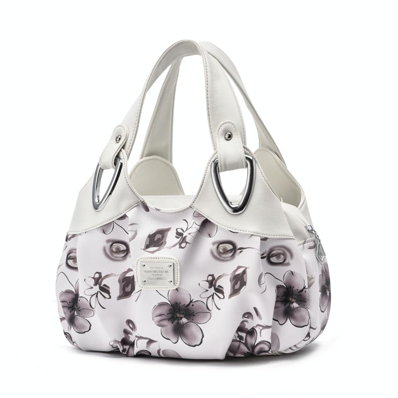 722 Women Soft Leather Handbag(White Handle Gray Flower)