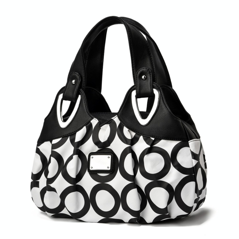 722 Women Soft Leather Handbag(Black Handle Circle Pattern)