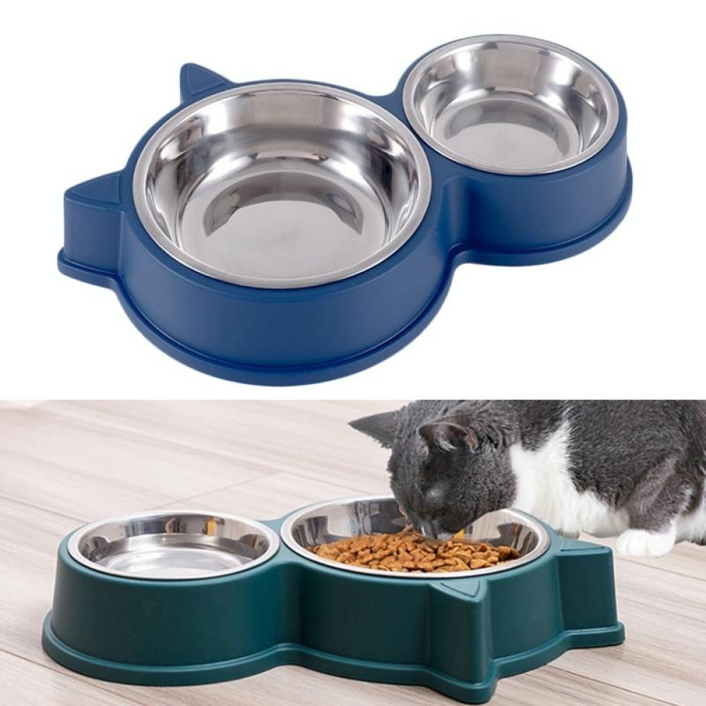 Pet Cat Ears Stainless Steel Double Bowl(Blue)