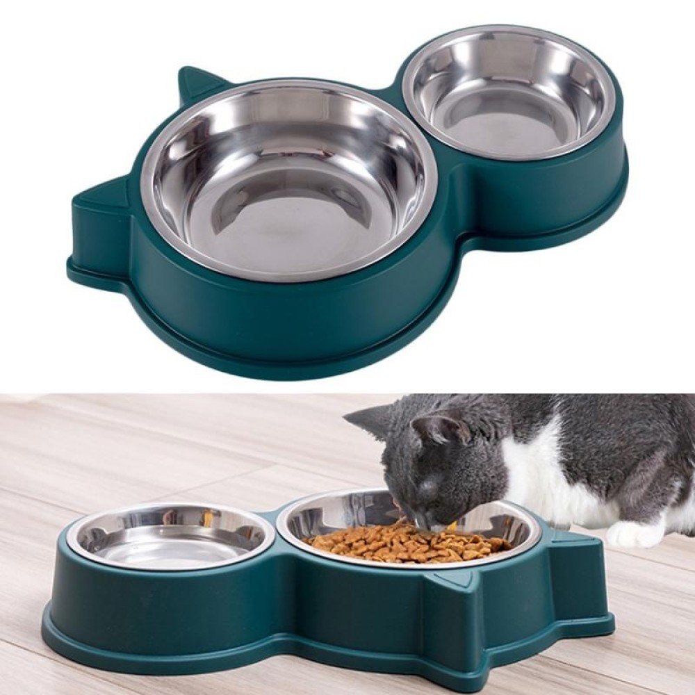Pet Cat Ears Stainless Steel Double Bowl(Green)